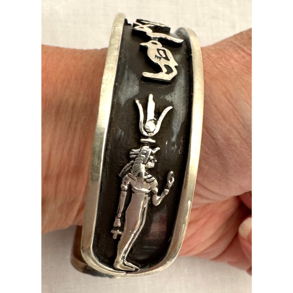 Vintage Egyptian Hieroglyphs Sterling Silver Bracelet Cuff 50 grams Storyteller